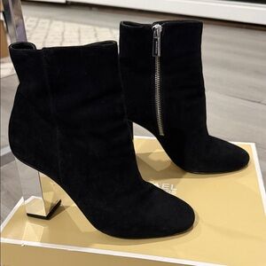 Michael Kors Black Suede Ankle Booties with Silver Heel